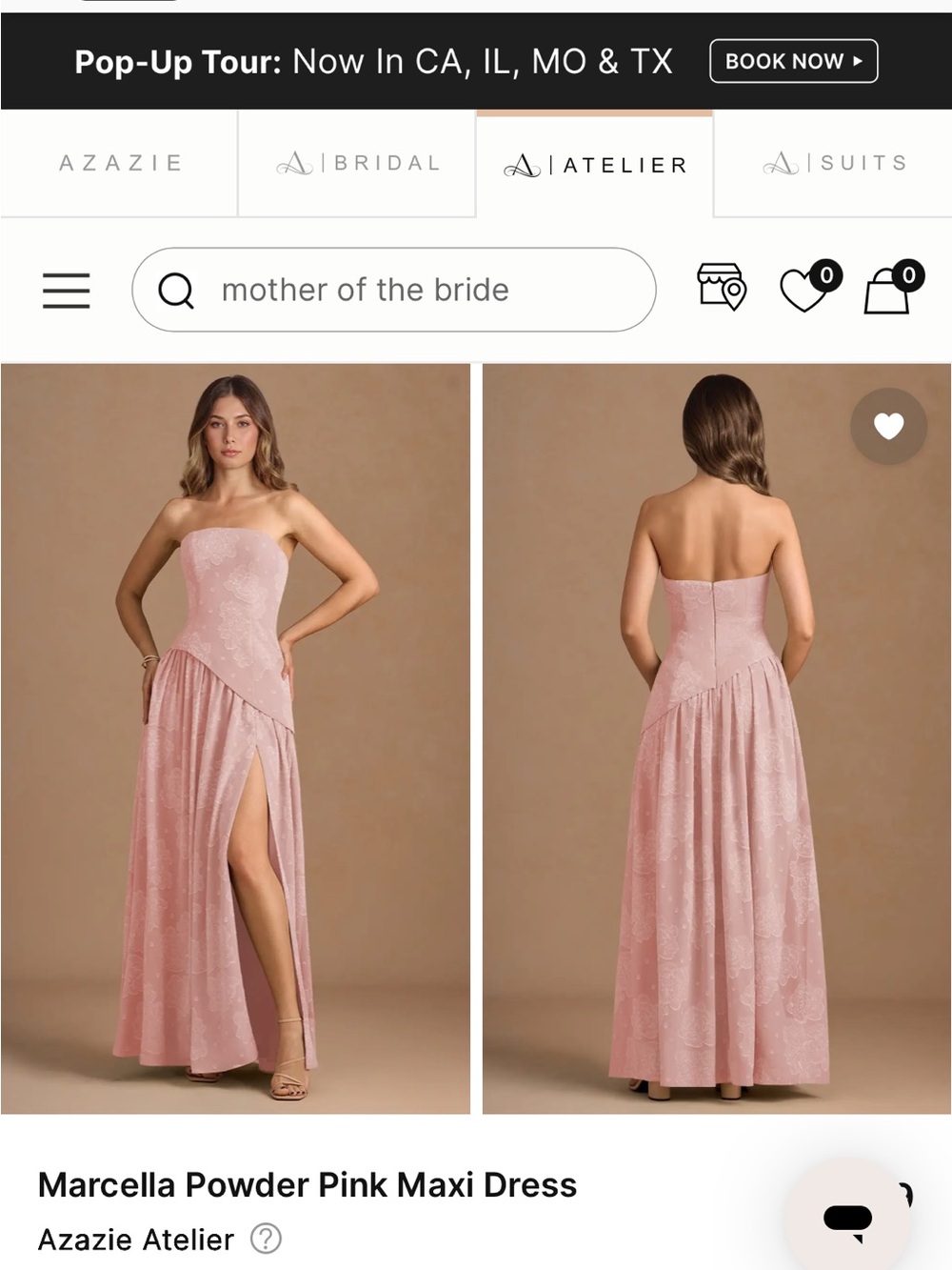 Azazie Powder Pink Strapless Jacquard Maxi Dress with Slit
